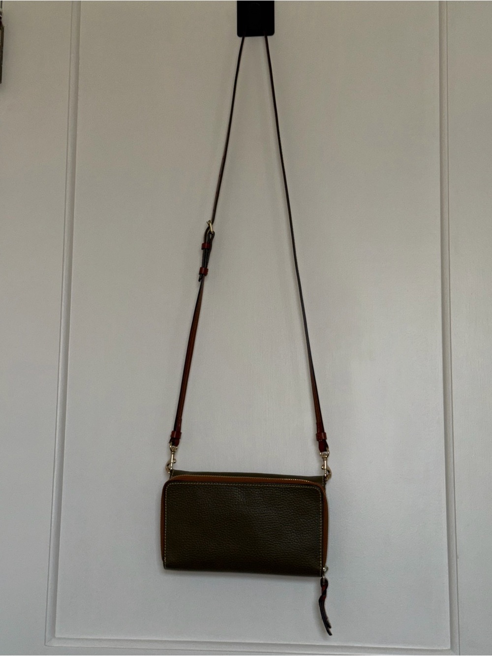Dooney & Bourke Olive Pebbled Leather Crossbody with Brown Trim - Picture 2 of 15